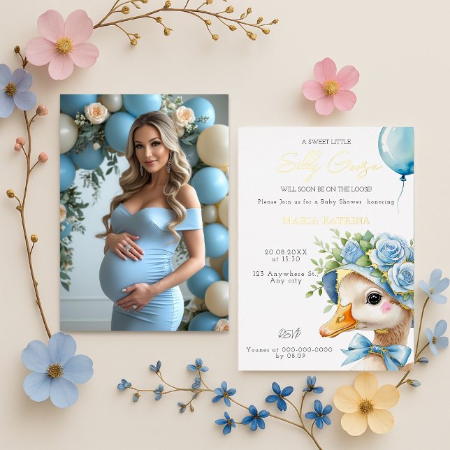 Coquette Silly Goose Blue Bow Boy Baby Shower Foil Invitation (Creator Uploaded)