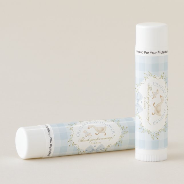 Coquette Silly Goose Blue Gingham Baby Shower Lip Balm (Front)