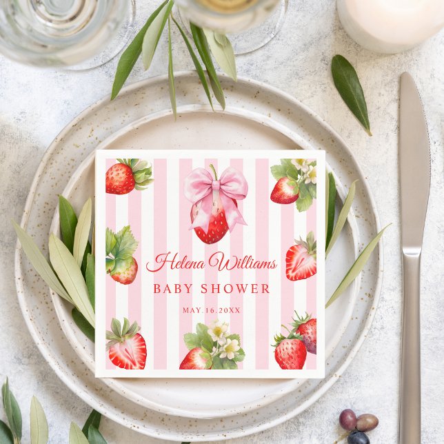 Coquette Strawberries Baby Shower Decor  Napkins (Watercolor Strawberry Baby shower Pink Gingham Napkin)
