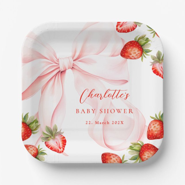Coquette Strawberry Baby Shower Paper Plates (Front)