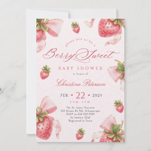 Coquette Strawberry Baby Shower Pink Bow Invitation