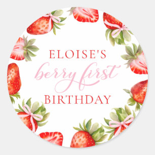 Coquette Strawberry Bow Berry First Birthday Classic Round Sticker