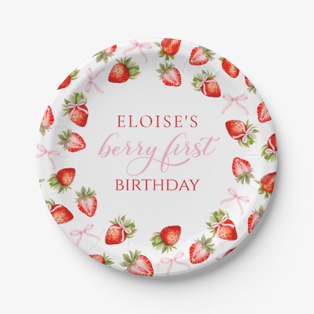 Coquette Strawberry Bow Berry First Birthday Paper Plates (Front)