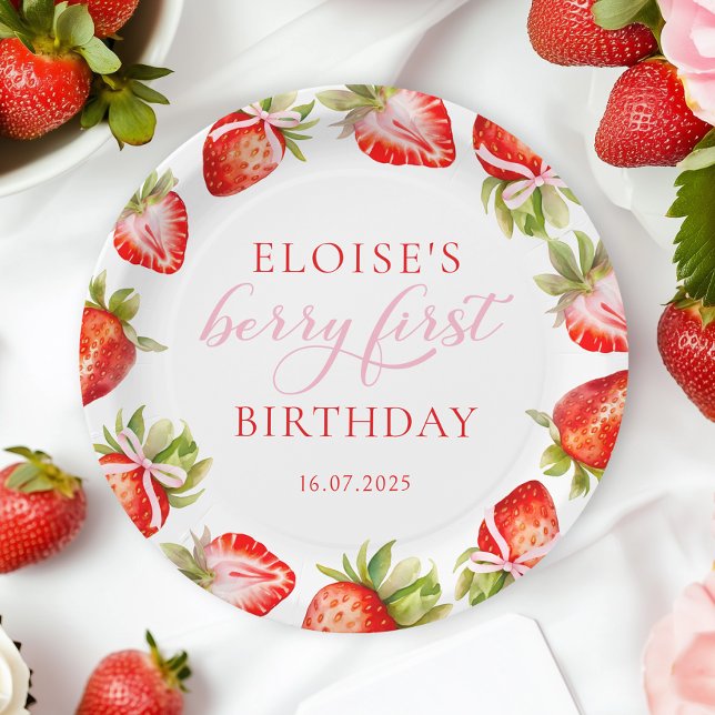 Coquette Strawberry Bow Berry First Birthday Paper Plates (Creator Uploaded)
