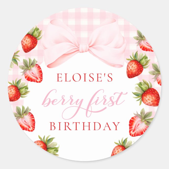 Coquette Strawberry First Birthday Classic Round Sticker (Front)