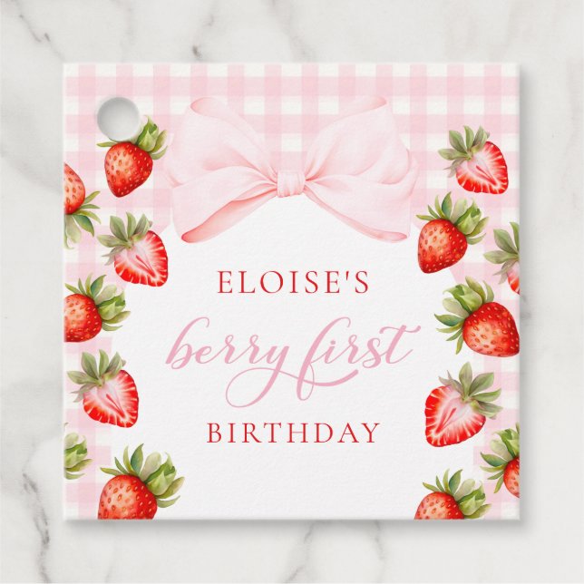Coquette Strawberry First Birthday Favor Tags (Front)