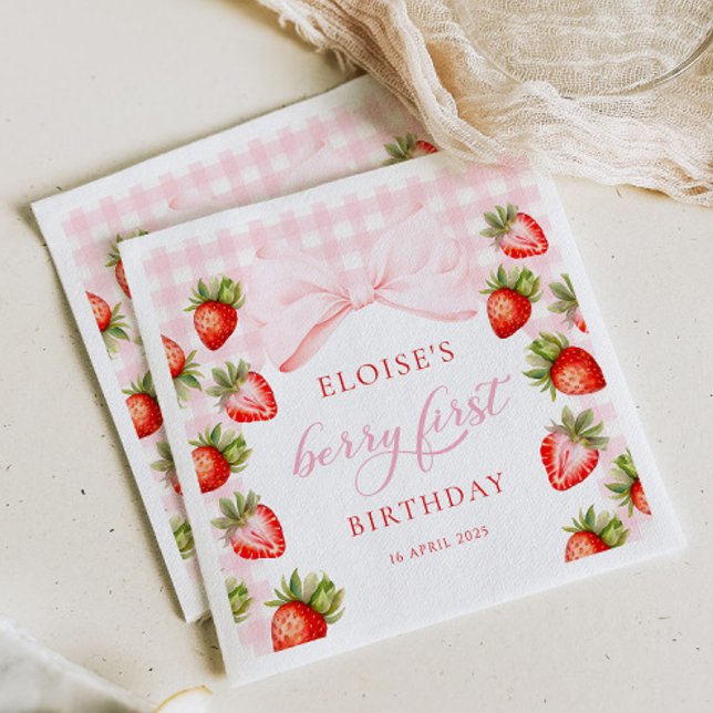 Coquette Strawberry First Birthday Napkins (Creator Uploaded)