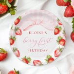 Coquette Strawberry First Birthday Paper Plates<br><div class="desc">Celebrate your little one's 1st birthday with this charming coquette bow theme "Berry first" paper plates! Featuring a delightful strawberry theme,  elegant red script,  and soft watercolor accents,  this napkin is perfect for a spring or summer baby shower celebration.</div>