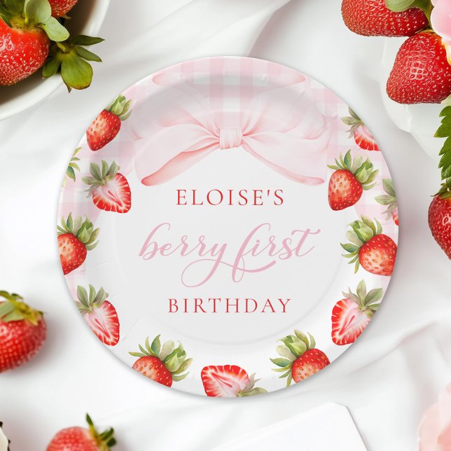 Coquette Strawberry First Birthday Paper Plates (Creator Uploaded)