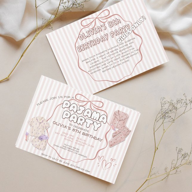 Coquette stripes & bow pajama party birthday invitation (Creator Uploaded)
