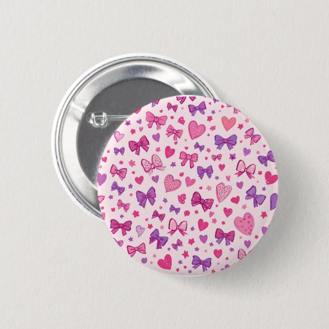 Coquette Style Pink Purple Bow & Heart Pattern Button (Front & Back)