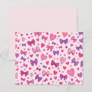 Coquette Style Pink Purple Bow & Heart Pattern Note Card