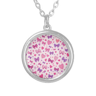 Coquette Style Pink Purple Bow & Heart Pattern Silver Plated Necklace