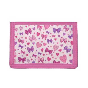 Coquette Style Pink Purple Bow & Heart Pattern Tri-fold Wallet