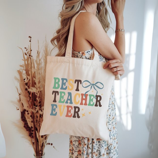 Coquette Teacher Bag, Retro Best Teacher Ever Gift Tote Bag (best teacher ever tote, retro teacher bag, teacher appreciation gift, teacher birthday gift,)