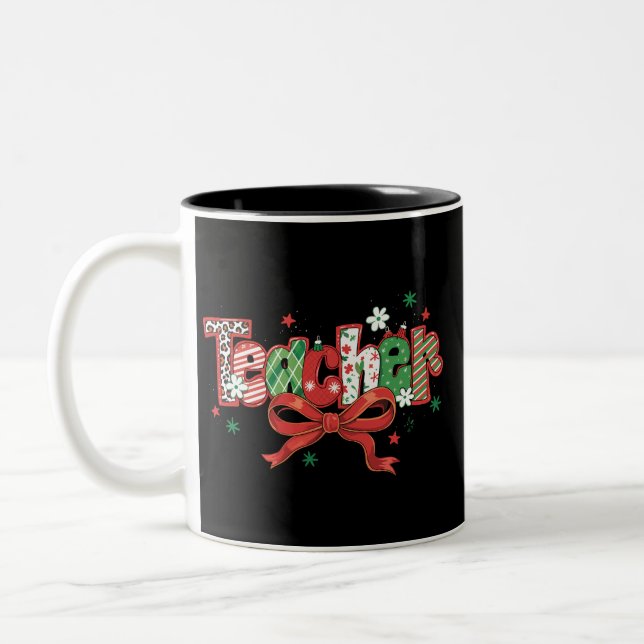 Coquette Teacher Christmas Crayon Merry Christmas  Two-Tone Coffee Mug (Left)