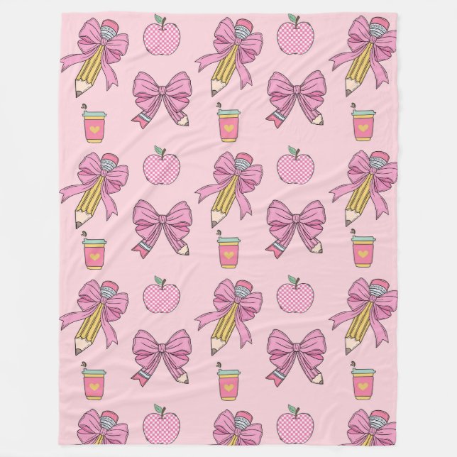 Coquette Teacher Pencil Bows Fleece Blanket Gift (Front)