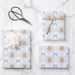 Coquette Teddy Bear & Ribbon Bow Pattern Wrapping Paper Sheets