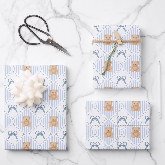 Coquette Teddy Bear & Ribbon Bow Pattern Wrapping Paper Sheets (Front)
