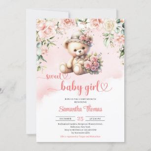 Coquette teddy bear with flowers girl baby shower invitation