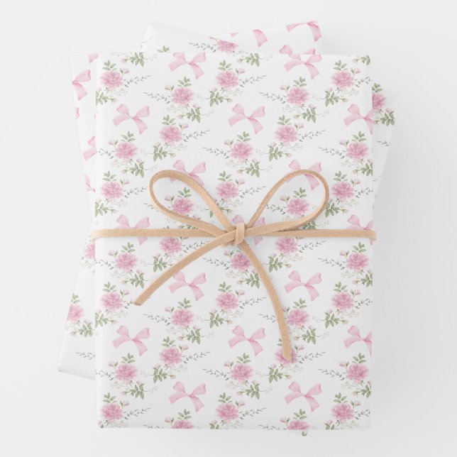 Coquette Toile De Jouy Pink Bow Wrapping Paper Sheets (In situ)