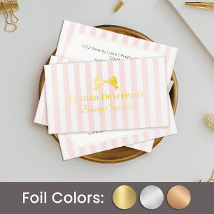 Coquette Vintage Blush Stripes Gold Foil Bow Business Cards