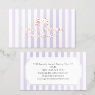 Coquette Vintage Purple Stripes Rose Gold Foil Bow Business Cards