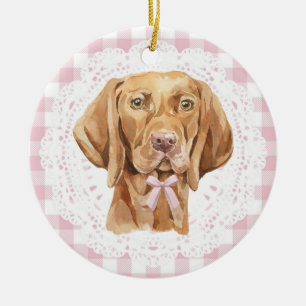 Coquette Vizsla Dog Pink Gingham Bows Ceramic Ornament
