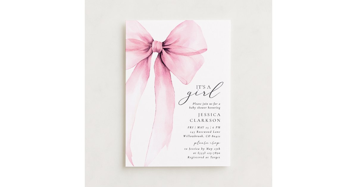 Coquette Watercolor Big Pink Bow Baby Shower Invitation | Zazzle