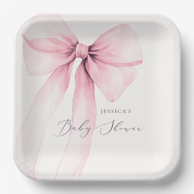 Coquette Watercolor Pink Bow Baby Shower Paper Pla Plates (Front)