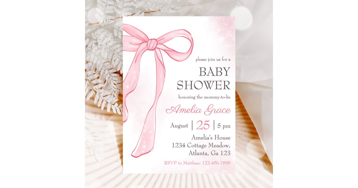 Coquette Watercolor Pink Cute Bow Baby Shower Invitation | Zazzle