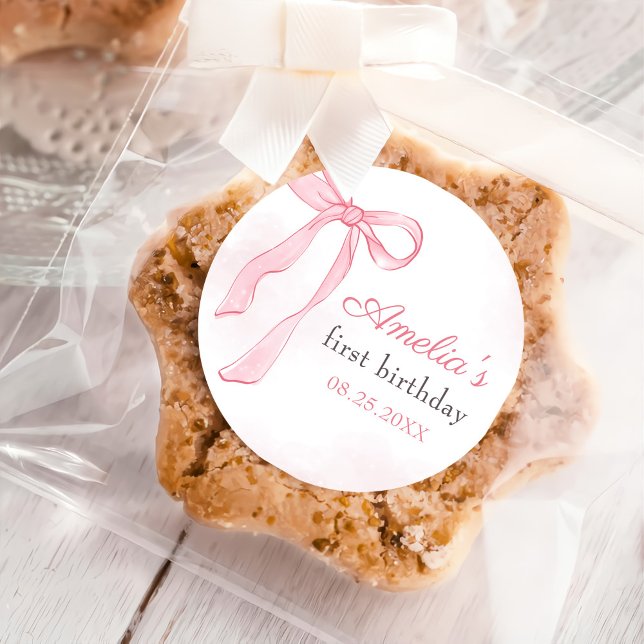 Coquette Watercolor Pink Cute Bow Birthday Classic Round Sticker (Creator Uploaded)