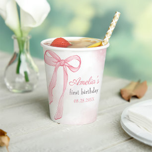 Coquette Watercolor Pink Cute Bow Birthday Paper Cups