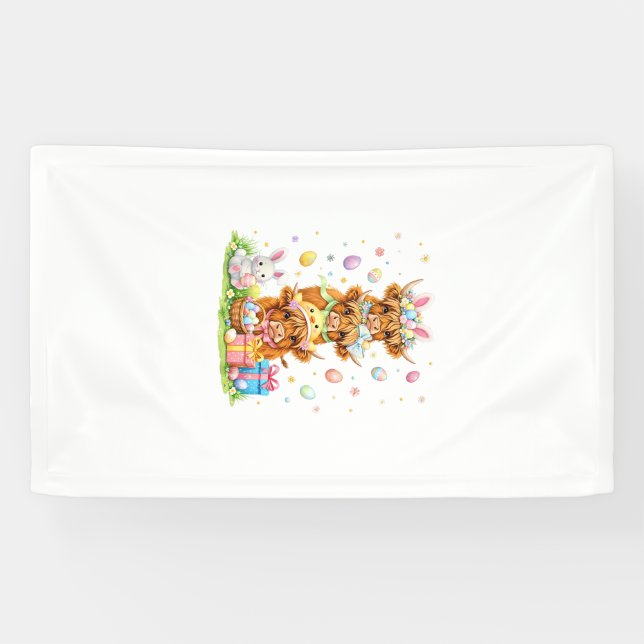 Coquette Western Highland Cow Easter Eggs Cute Bun Banner (Horizontal)