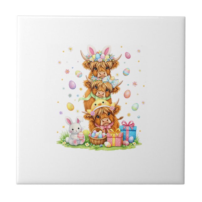 Coquette Western Highland Cow Easter Eggs Cute Bun Ceramic Tile (Front)