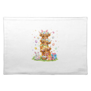 Coquette Western Highland Cow Easter Eggs Cute Bun Cloth Placemat