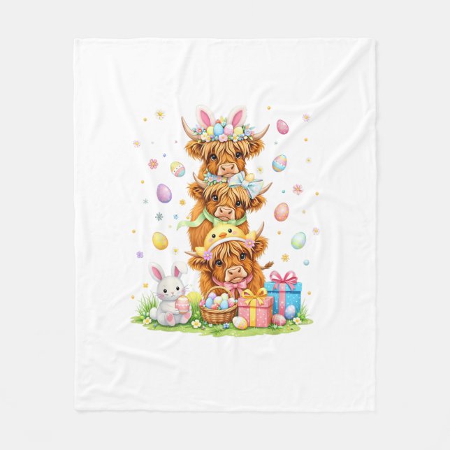 Coquette Western Highland Cow Easter Eggs Cute Bun Fleece Blanket (Front)
