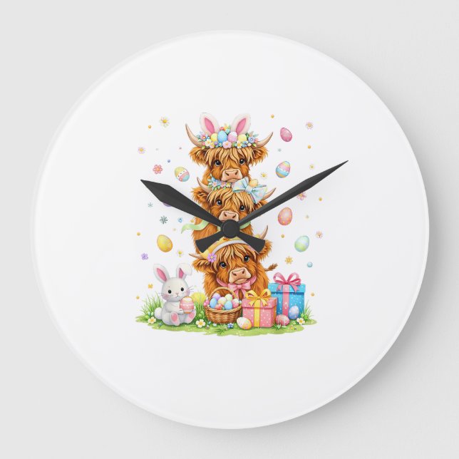Coquette Western Highland Cow Easter Eggs Cute Bun Large Clock (Front)