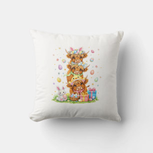 Coquette Western Highland Cow Easter Eggs Cute Bun Throw Pillow