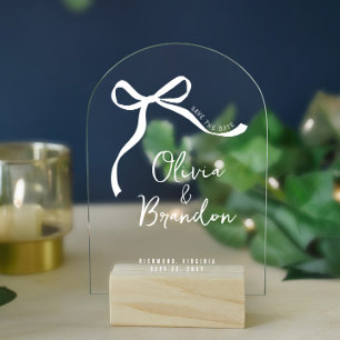 Coquette whimsical hand drawn bow save the date acrylic invitations