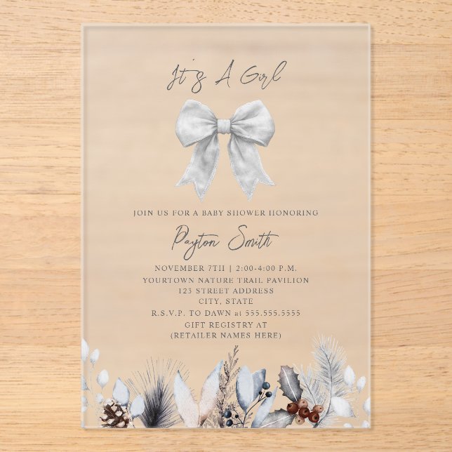 Coquette White Bow Winter Botanical Baby Shower Acrylic Invitations (Front)
