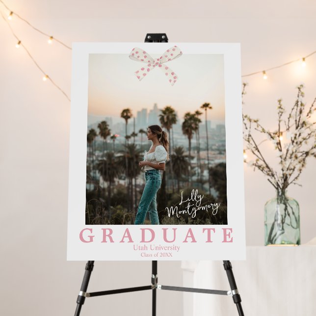 Coquette White Pink Bow Graduation Party Sign (In Situ (Stand))