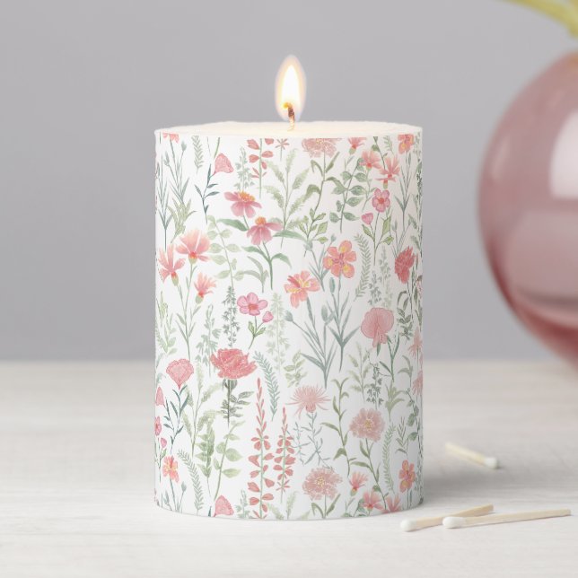 Coquette Wildflower Meadow Pink Pillar Candle (In Situ)