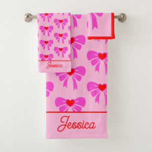 Coquette y2k Ribbon Pattern Red& Pink Preppy Name  Bath Towel Set