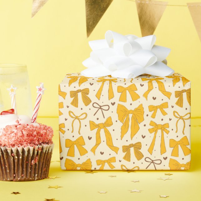 Coquette Yellow Bows & Hearts Wrapping Paper (Birthday Party)