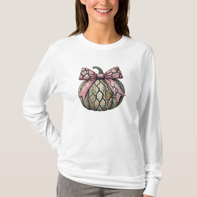 Coquettish Halloween Snake Skin Pumpkin Pink Bow  T-Shirt (Front)