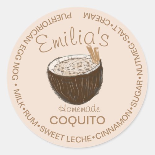 Coquito Recipe Drink Coconut Hand Drawn Ingredient Classic Round Sticker