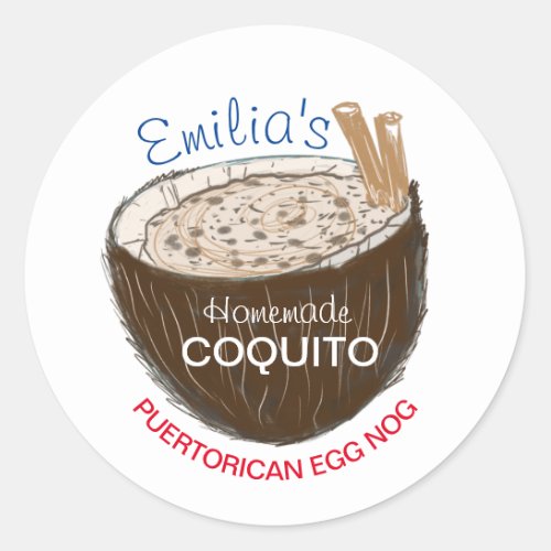 Coquito Recipe Drink Coconut Shell Hand Drawn Classic Round Sticker