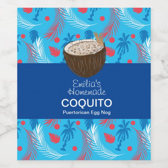 Coquito Recipe Drink Palm Trees Egg Nog Blue Wine Label (Single Label)