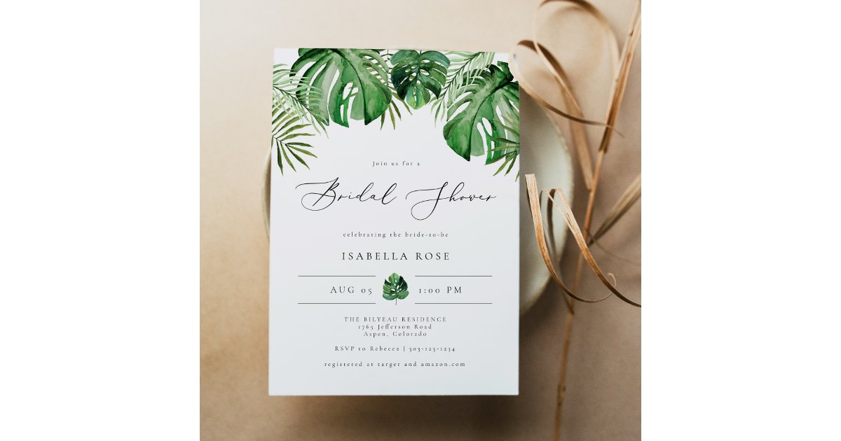 CORA- Tropical Beach Palm Leaf Bridal Shower Invitation | Zazzle